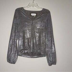 Anthropologie Silver Metallic V Neck Long Sleeve Top XS Holiday NYE